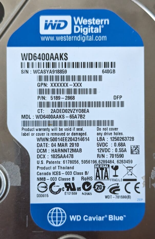 Disque dur 3,5" Western Digital Caviar Blue 640Go / WD6400AAKD / Testé 100% OK – Image 2